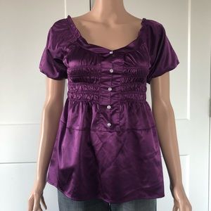 Cotton Express Purple Satin Silky Puffy Short Sleeves Smock Top Small S